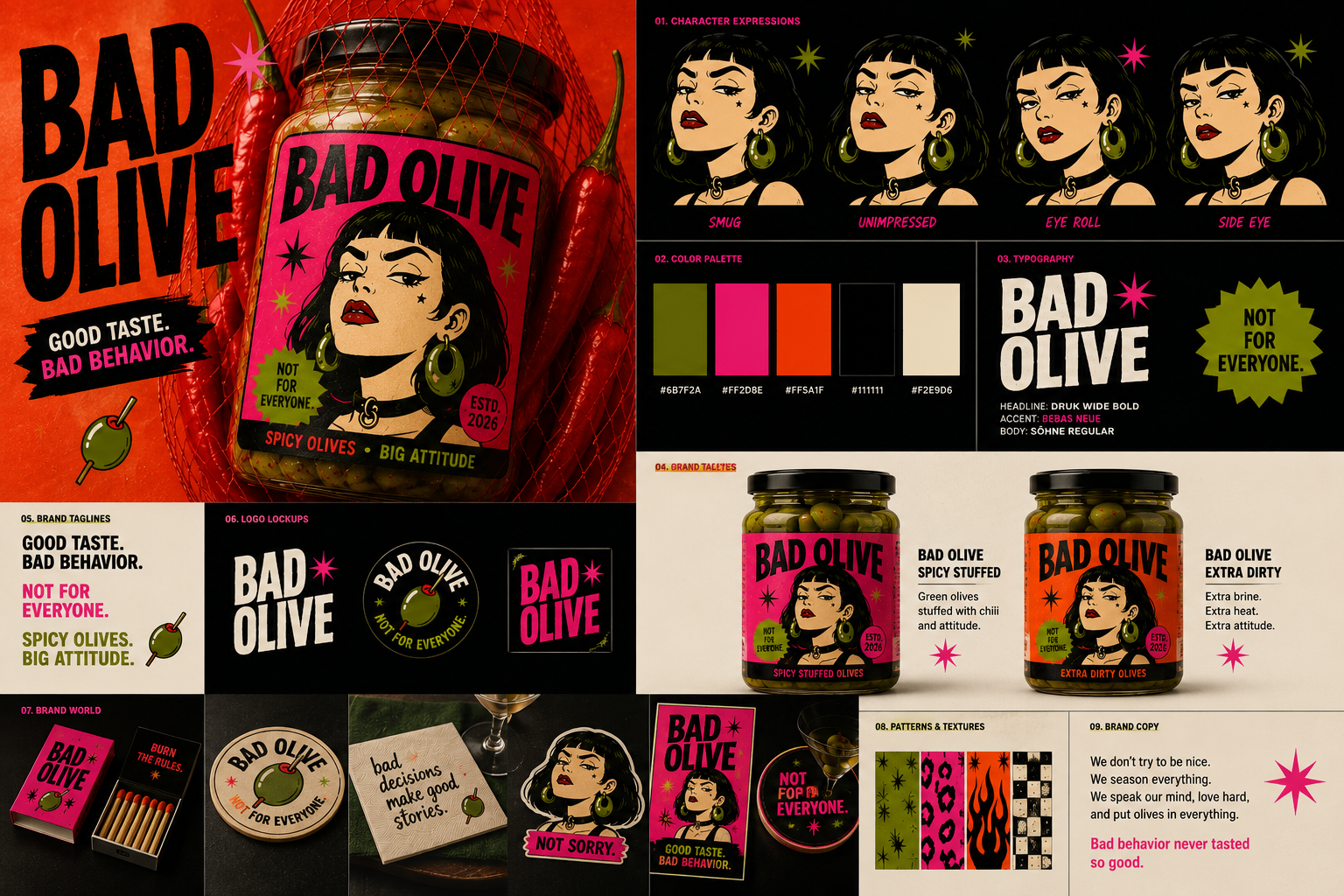 Bad Olive spicy olives, hot pink and orange.