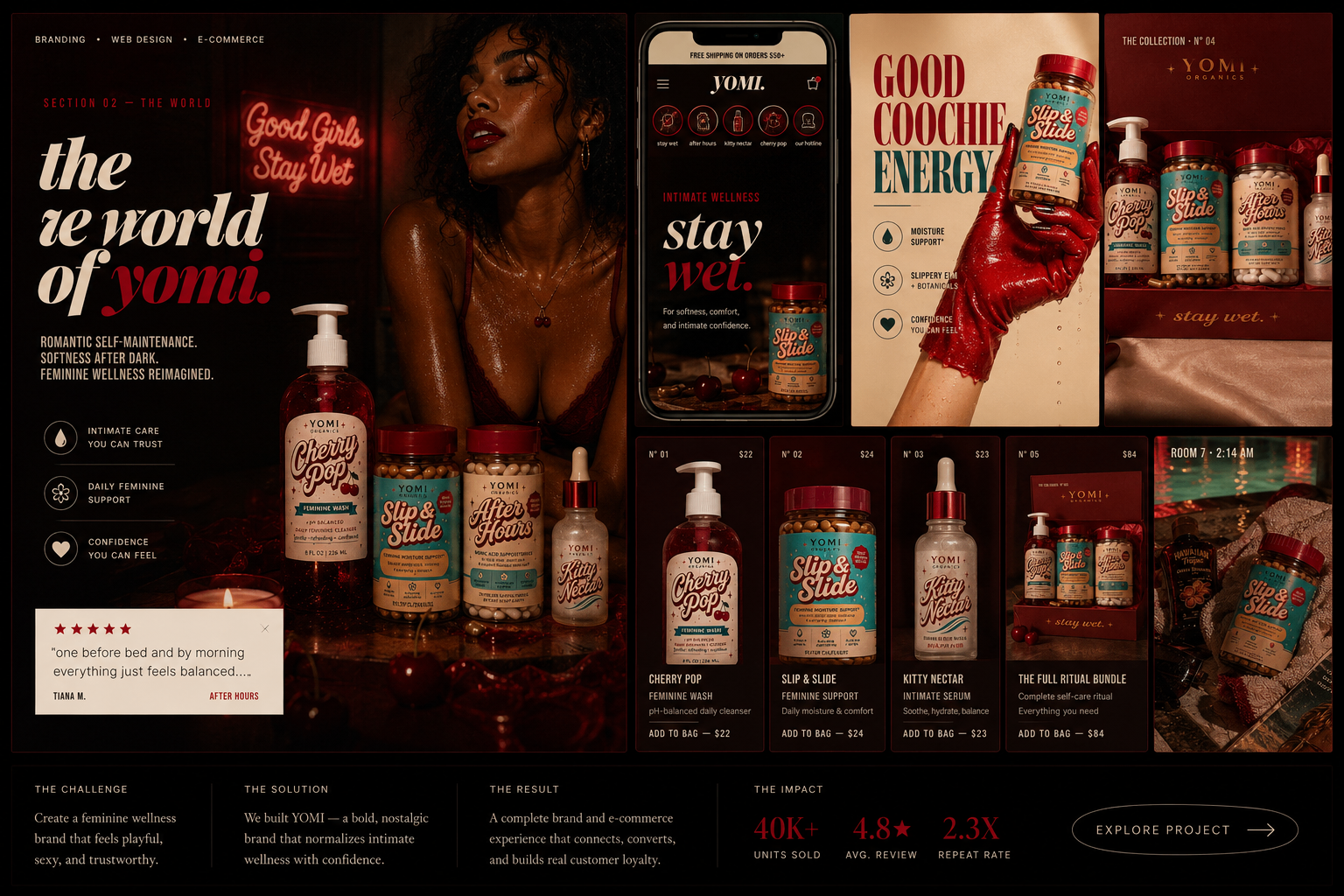 YOMI red toned feminine wellness campaign.
